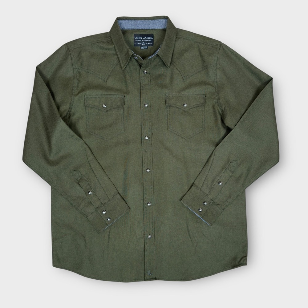 Cody James Western‎ Pearl Snap Shirt Mens XL Olive Green Wool Blend Long Sleeve